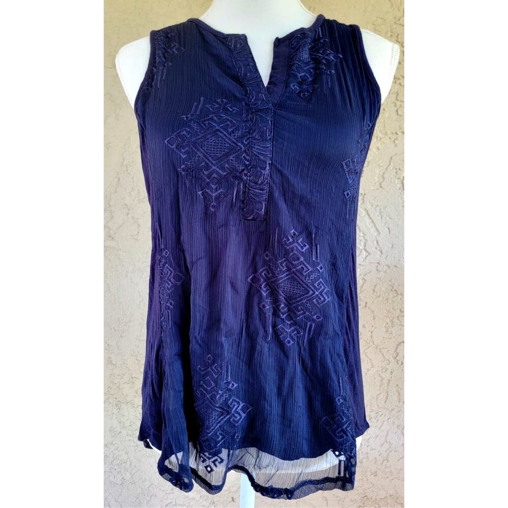 RXB Indigo Blue Embroidered Boho Tank Top Flowy Sheer S